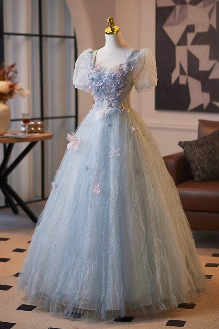 Blue Tulle Flower Long Prom Party Dress, Lovely A-Line Short Sleeve Party Dress